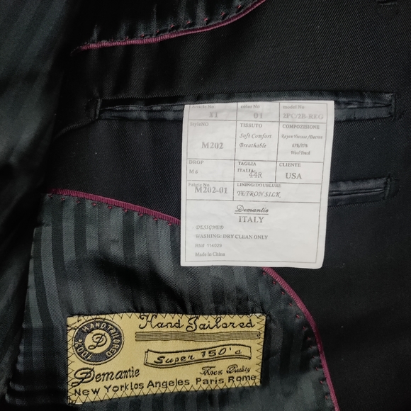Demantie Mens Black Suit Coat Jacket 44R 100% Hand Tailored Super 150's - Picture 9 of 13